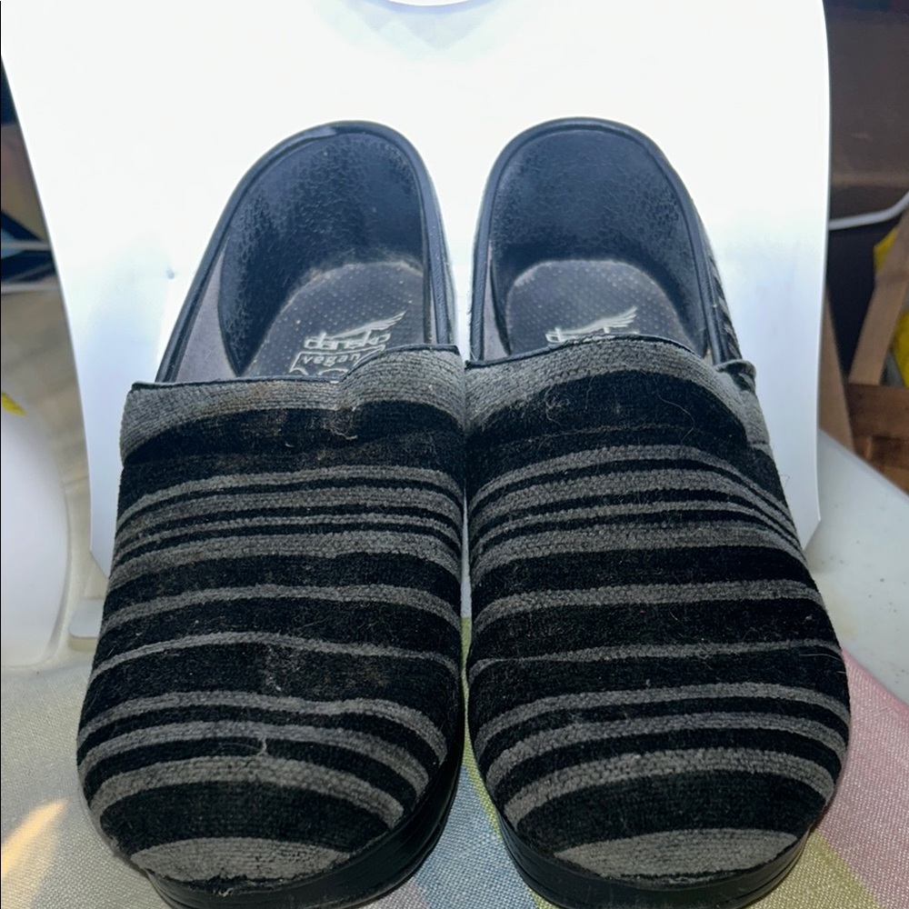 Dansko Black and Gray Striped Velvet Clogs